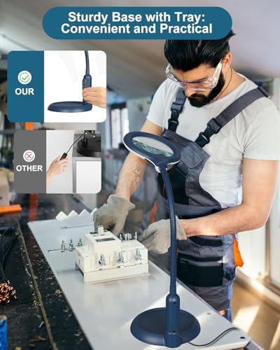 12X Magnifying Glass with Light and Stand, Real Glass, LED 5 Color Modes, Brightness Stepless Dimming Lighted Magnifier Hands Free, Flexible Gooseneck Desk Lamp with Clamp for Close Work, Craft, Blue