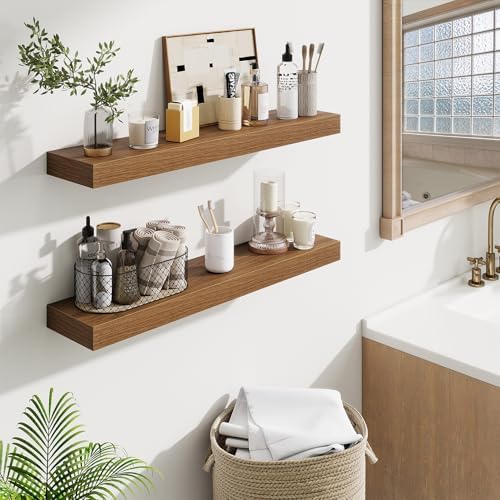 Fun Memories Floating Shelves 30 Inch, Wall Mounted Wood Shelf Set of 2, Farmhouse Decor for Bathroom, Bedroom, Kitchen, Living Room, Walnut