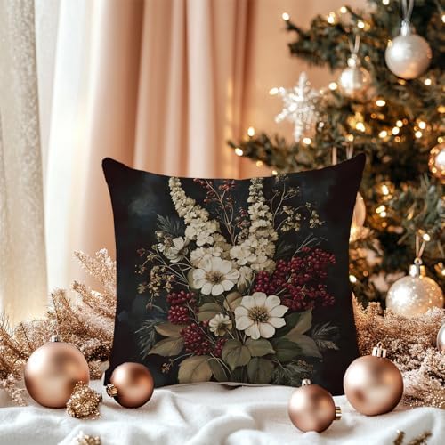 Vintage Moody Floral Pillow Cover 18x18 Double-Sided, Dark Cottagecore Red and White Wildflower Botanical Decorative Throw Pillow Cover for Home Bedroom Living Room
