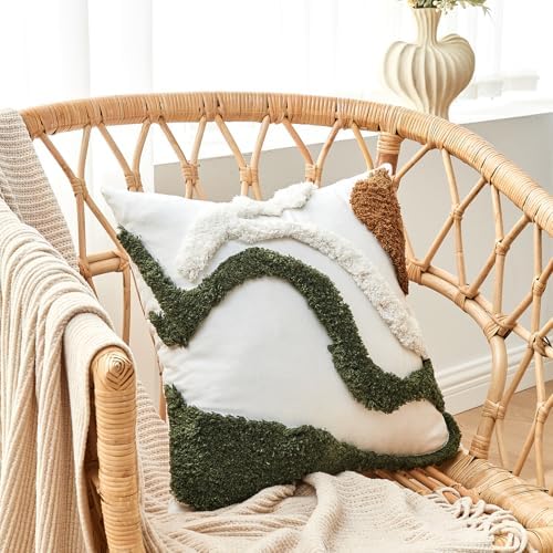 lifein 18x18 Pillow Covers-Throw Pillow Covers Boho Couch Pillows Embroidered Decorative Accent Pillows Mid Century Textured Pillowcases for Couch Sofa Living Room Bed (Olive Green and Cream)