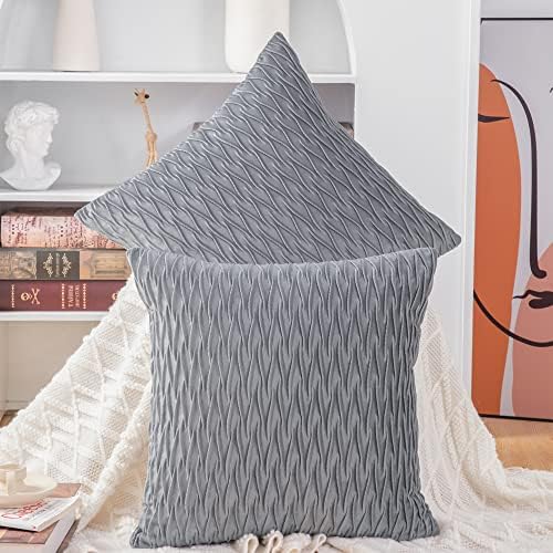MADIZZ Set of 2 Super Soft Velvet Decorative Throw Pillow Covers 24x24 inch Light Grey Square with Texture Luxury Style Cushion Case European Pillow Shell for Sofa Bedroom