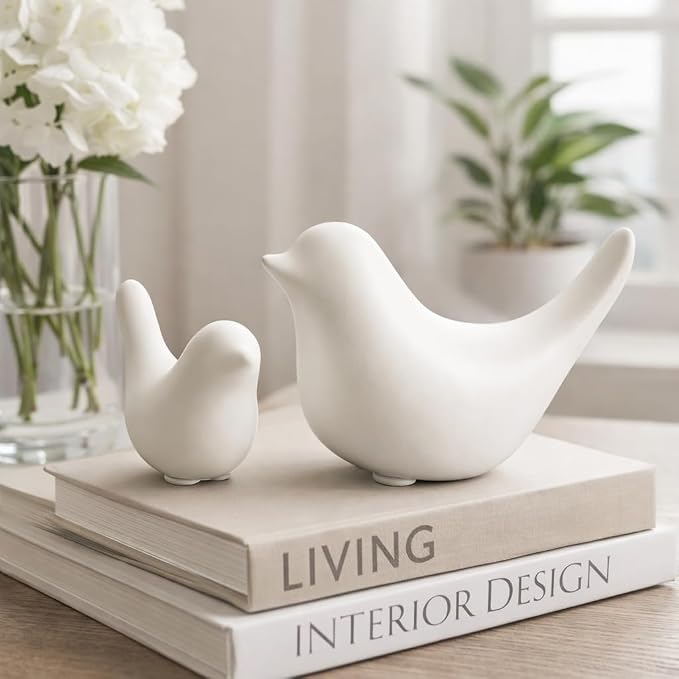 2 Pcs Ceramic Small Bird Figurines Modern Animal Statues for Home 、Room Decor and Bedroom Decor and Bookshelf Display (White)