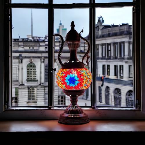 SILVERFEVER Handcrafted Mosaic Turkish Lamp Moroccan Glass Table Desk Bedside Light Bronze Base with E12 Bulb Bright Red Blue Starburst