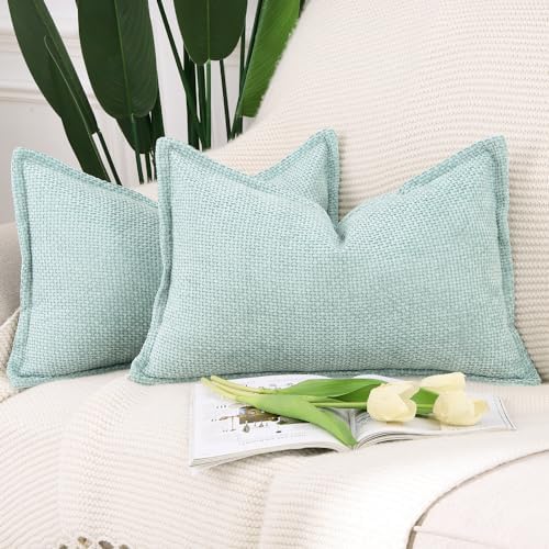 MADIZZ Decorative Chenille Velvet Throw Pillow Covers Set of 2 Soft Boho Textured Neutral Couch Throw Pillow for Bed Modern Farmhouse Home Decor for Sofa Livingroom Aqua Green 12x20 Inch