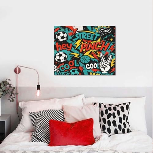 Soccer Wall Decor for Boys Room Soccer Wall Art Street Graffti Sports Pictures Football Canvas Prints Painting Artwork Decoration for Bedroom Playroom Framed Kids Teen Gifts 16"x20"