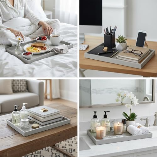 25 * 15 Inch Rectangular Ottoman Tray | Textured PU Leather, Waterproof & Heat-Resistant Storage for Coffee/Dining Tables, Sofa, Bed, Entertainment & Party (Tranquil Beige, 25 * 15in)