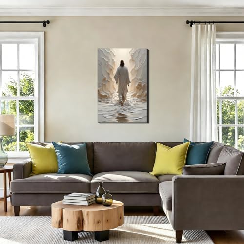 Jesus Walking on Water Surreal Canvas Wall Art, Christian Spiritual Picture Wall Decor, Modern Religious Posters Prints for Living Room Bedroom Church Holiday Decoration