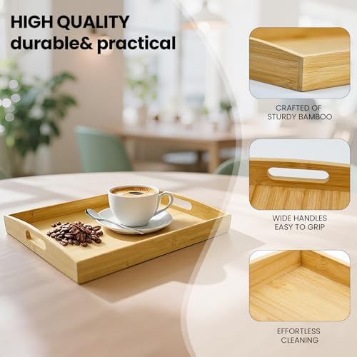 Set of 2 Bamboo Serving Trays with Handles, Wooden Breakfast Trays