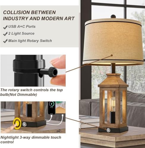 G-SAFAVA 23.75" Farmhouse Table Lamps USB A+C Charging Ports 3-Way Dimmable