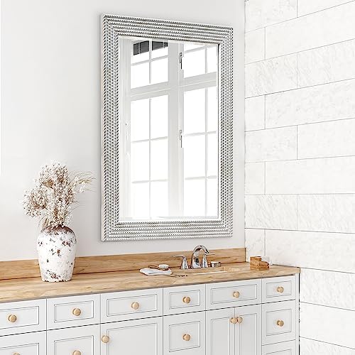 Americanflat 24x36 Wall Mirror - Hanging Mirrors with Durable Frame - Modern Mirror for Bathroom, Bedroom, Living Room - Mirrors for Wall Display and Home Decor - Metallic White with Beaded Texture