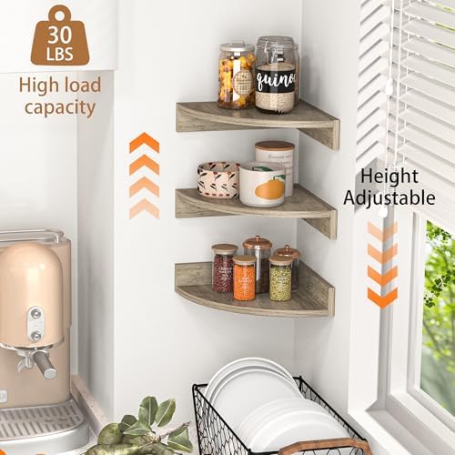 Fun Memories Corner Shelf Wall Mount, Wood Floating Corner Shelves,Corner Wall Shelf for Bedroom, Bathroom, Kitchen, Living Room (Grey, 3 Pack)