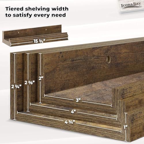 Icona Bay 16 Inch Floating Shelves for Wall - Set of 3 in Walnut Brown - Modern Rustic Style - Wall Mounted Display Shelves - Picture Ledges