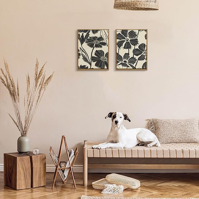 2-Pack Framed Abstract Minimalist Flower Canvas Wall Art for Bathroom | Boho Abstract Flower Wall Art, Minimalist Botanical Painting, Vintage Retro Decor, Ready to Hang