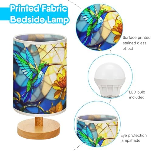 Hummingbird Table Lamp LED 3-Color Pressed Bedside, Hummingbird Shade Lamp with Wood Base for Bedroom Living Room Desk Office TL01