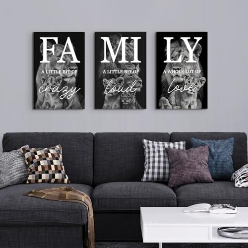 Family Wall Art Black and White Lion Pictures Wall Decor Inspirational Canvas Prints Family Sign Pictures Lioness Cub Painting Poster Modern Artwork for Bedroom Living Room Decoration 16x24" 3Pcs