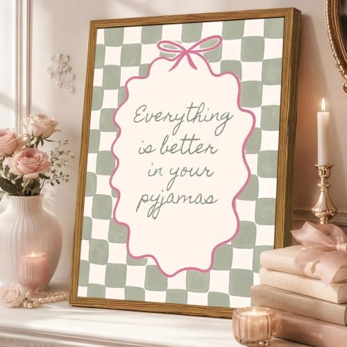 Framed Everything Is Better In Your Pyjamas Wall Art, Pink and Green Girls Bedroom Inspirational Quotes Pictures Wall Decor, Preppy Coquette Bow Paintings Canvas Prints Girly Home Decor 16×24 inch