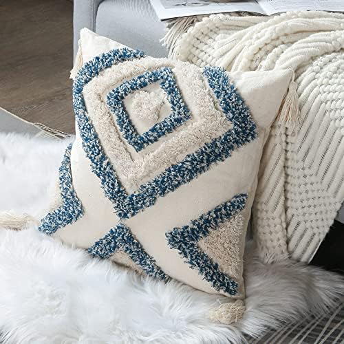 JASEN Blue and Beige Boho Decorative Throw Pillow Cover, Woven Tufted Pillow Cover with Tassels Diamond Pattern Pillow Covers 18x18 for Couch Sofa Bedroom Living Room(No Pillow Insert