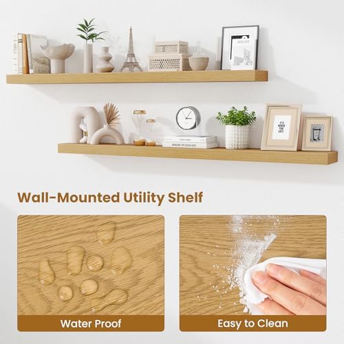 Fun Memories 67 Inch Fireplace Mantel Set of 2, Long Floating Shelf for Bedroom|Living Room, Wall Mounted Farmhouse Display with Invisible Heavy Duty Metal Bracket, Oak