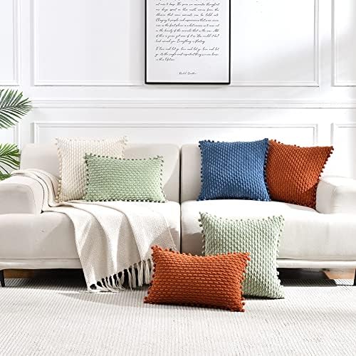 Fancy Homi Set of 2 Navy Blue Decorative Throw Pillow Covers 20x20 Inch with Pom-poms for Couch Bed Sofa, Modern Farmhouse Boho Home Decor, Soft Plush Corduroy Cute Cushion Case 50x50 cm