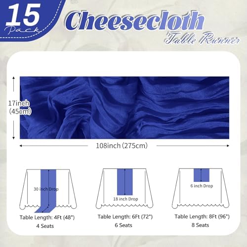 15 Pack Royal Blue Cheesecloth Table Runner 17 x 108 inch Cheese Cloth Table Runners 9ft Blue Table Runner Rustic Romantic Sheer Gauze Runner for Wedding Party Baby Shower Table Decoration