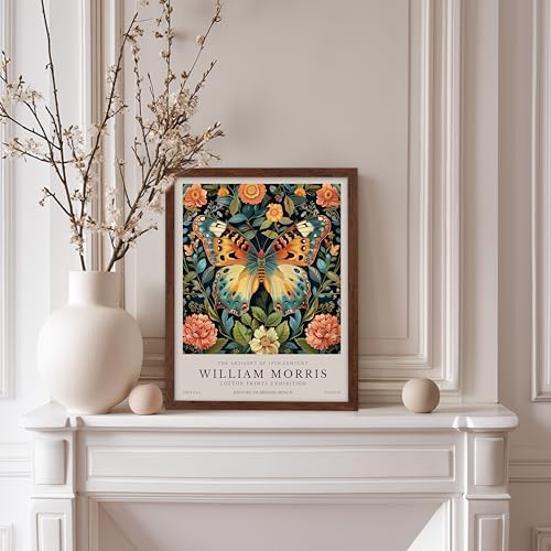 Poster Master William Morris Poster - Butterfly Print - Botanical Art - Flower Art - Exhibition Artwork - Animal Creation - Floral Piece - Aesthetic Illustration - Office or Living Room Decor - 8x10 Brown Framed