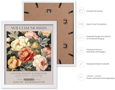 Poster Master William Morris Poster - Peony Print - Botanical Art - Flower Art - Exhibition Artwork - Animal Creation - Floral Piece - Aesthetic Illustration - Colorful Office or Bedroom Decor - 8x10 White Framed
