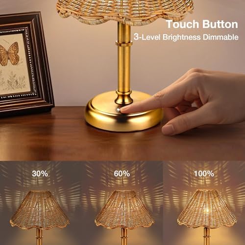 Mini Cordless Boho Rattan Table lamp, 5200-mAh Rechargeable Battery, 3-Level Brightness Dimmable, Build-in Integrated LED 320 Lumen Max, Rattan Shade, for Bedside Restaurant Dining Table