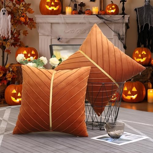 Velvet Throw Pillow Covers 16x16 Pack of 2 Gold Decor Burnt Orange