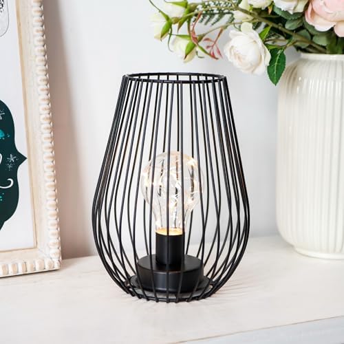 TRIROCKS Set of 12 Metal Cordless Table Lamp - 8'' Tall Cage Shape Battery Operated Lamp with Warm Fairy Lights Bulb for Indoor/Outdoor Use, Perfect for Christmas, Patio, Garden, and Weddings (Black)
