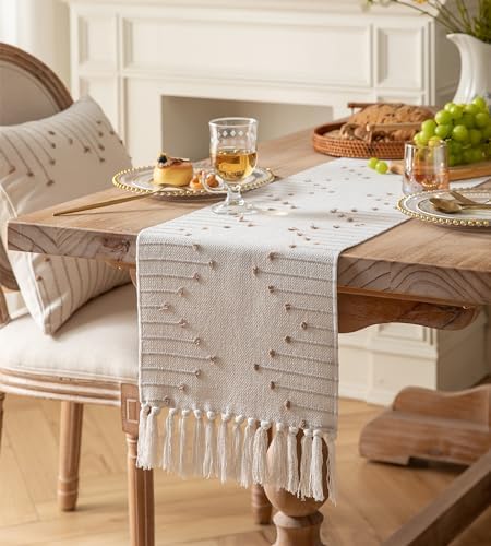 Boho Table Runner 13 x 108 Inch Long Natural Cotton Woven Runner with Tassels for Home Dining Table décor, for Modern Farmhouse Decor Coffee Table Runner, Taupe and Beige
