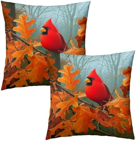 Fall Cardinal Throw Pillow Covers 20x20 Inch Set of 2 Red Bird Maple Leaves Decorative Pillowcase Autumn Foreset Landscape Seasonal Cushion Cover for Home Bedroom Sofa Chair Decor
