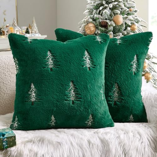 MIULEE Christmas Decorative Faux Fur Pillow Covers 18x18 Inch Green White