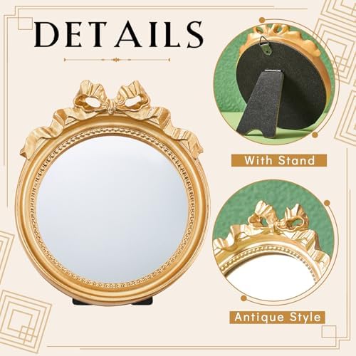 Threehoney 4 Pack Small Vintage Wall Mirror 4.1" Gold Bow Desk Mirror Decorative Round Makeup Mirrors with Resin Frame for Bedroom, Bathroom, Table Decoration