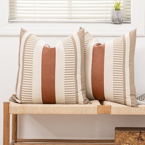 2 Pack 20x20 Inch Pillow Covers - Brown Faux Leather & Tan Stripe Print Soft Canvas Splicing, Same Pattern Both Sides | for Sofa Couch Bed Living Room, Farmhouse Industrial Minimalist Decor