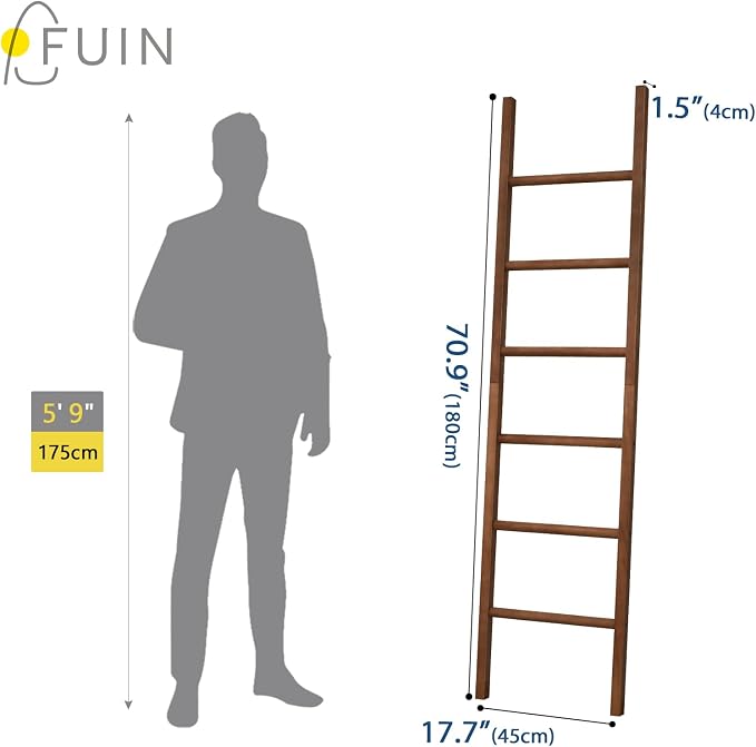 FUIN Blanket Ladder, 6ft Rustic Solid Wood Rectangle Decor Rack, Brown | 6 rungs, farmhouse quilt display holder, organize towel and clothing, leaning wall, decorative living room and bathroom