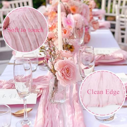 Pink Cheesecloth Table Runner 13.3FT Rustic Sheer Gauze Table Runners 157 Inch Boho Cheese Cloth Table Decorations for Wedding Party Spring Bridal Home Decor