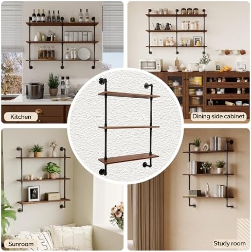 3-Tier Industrial Pipe Floating Shelf – Rustic 30 inch Wood Wall-Mounted Storage Shelf for Kitchen Office,Bathroom & Home Decor -Walnut