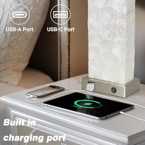 28" Coastal Table Lamps for Living Room Set of 2, Bedside Lamps with Night Light, USB A+C Ports, Modern Sea Shell Bedside Night Stands Light for Beachy Cottage Decor (Silver)