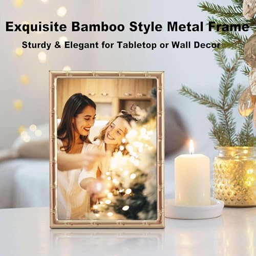 5x7 Gold Picture Frame with Elegant Metal Bamboo Design, 5 x 7 Photo Frames with HD Real Glass, Versatile Display for Tabletop or Wall Mounting, Great for Home Decor and Gift Giving (2Pcs)