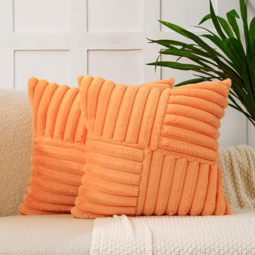 All Smiles Couch Decorative Throw Pillow Covers 20x20 Set of 2 Faux Fur Plush Soft Fluffy Velvet Cushion Case Cozy Fuzzy Striped Pillowcase Home Decor for Bed Sofa Living Room,Orange