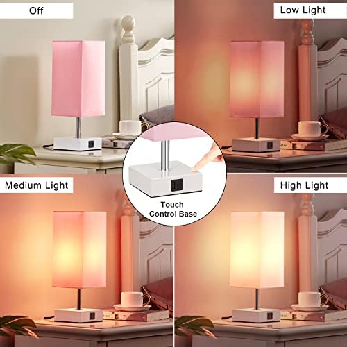 Pink Touch Table Lamp for Bedroom - Dimmable, USB C+A, Girls Bedside Lamp