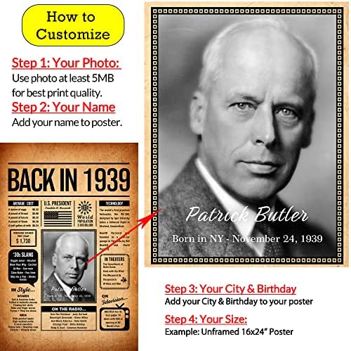 Back in 1939 Poster Sign, Personalized Birthday Gifts Idea, Custom 1939 Historical Birthday Newspaper, Born in 1939 Birthday Party Decorations, Fun Fact for the Day You Were Born, Decor Art Print