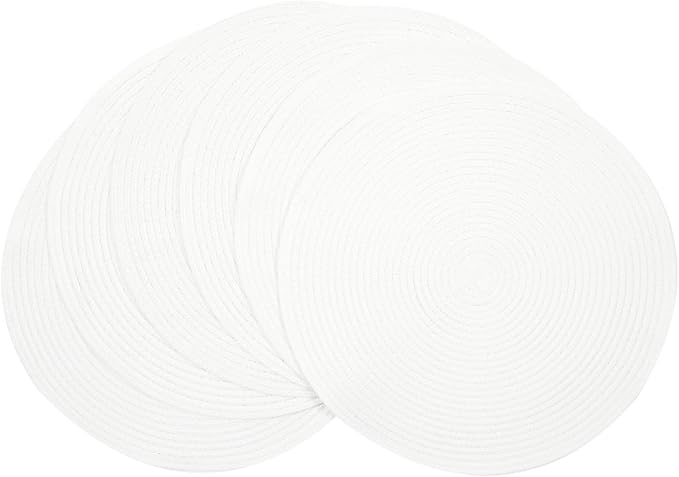 SHACOS Round Braided Placemats Set of 6 Round Table Mats for Dining Table 15 inch Washable Cotton Polyester Place Mat (White, 6)