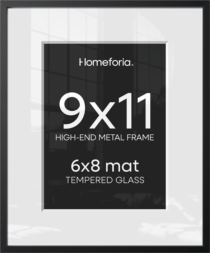 Homeforia 9x11 Black Picture Frame, High-End Metal, 6x8 Mat, Glass