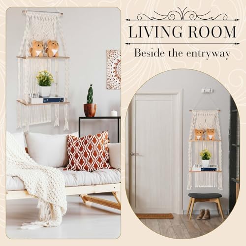 Barydat 1 Pack Macrame Wall Hanging Shelf 2 Tier Handmade Boho Hanging Wall Shelf Floating Woven Rope Decorative Storage Racks Holder Organizer for Home Bedroom Bathroom Plants, Beige (Elegant)