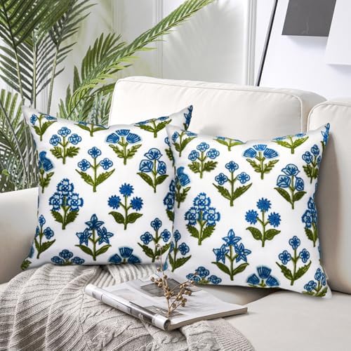 Alysheer Floral Block Embroidered Throw Pillow Cover 18"x18" Set of 2, Blue