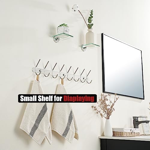 JQK Small Floating Glass Shelves Brushed, 4 Inch Display Ledges for Wall, Mini Decor, Living Room Bedroom Bathroom, Tempered Glass Shower Storage, 2 Pack, TGS101L4-BN-P2