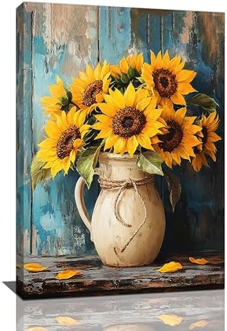 Crekviy Sunflower Wall Art Vintage Flower Wall Decor Farmhouse Canvas Prints Painting Yellow Floral Pictures Decoration for Bathroom Bedroom Living Room Framed Artwork Gifts 20"x24"