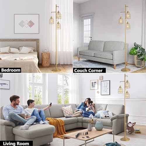 9MMML Golden Dimmable Floor Lamp,Industrial Gold Farmhouse Tall Standing Lamp for Living Room, Bedroom Office,3 Teardrop Cage Lampshade,3 LED Bulbs Inculded, 68'' Tall
