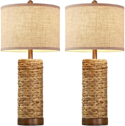 27.5'' Tall Natural Rattan Table Lamps Set of 2, Hand - Woven Wicker Lamp with Linen Shade, Rustic Coastal Boho Style Table Lamps for Bedroom, Living Room, Home Decor